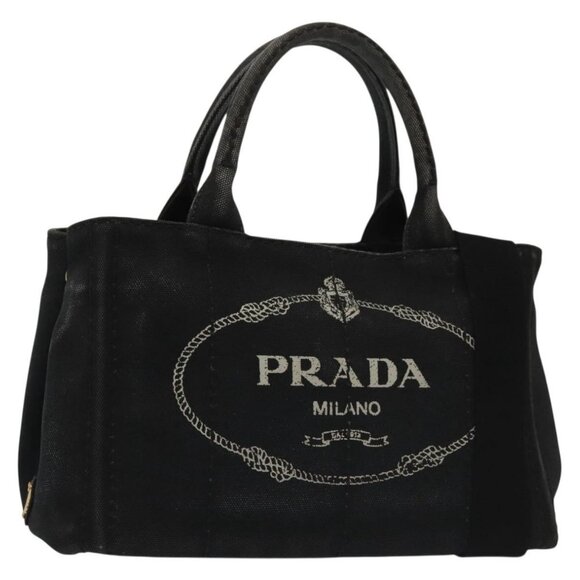 PRADA Canapa PM Hand Bag Canvas 2way Black Gold Auth - Picture 2 of 16